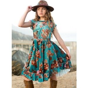Joyfolie Girls Amoura Dress Aegean Ikat Teal Floral Velvet High-Low Size 7 NWT